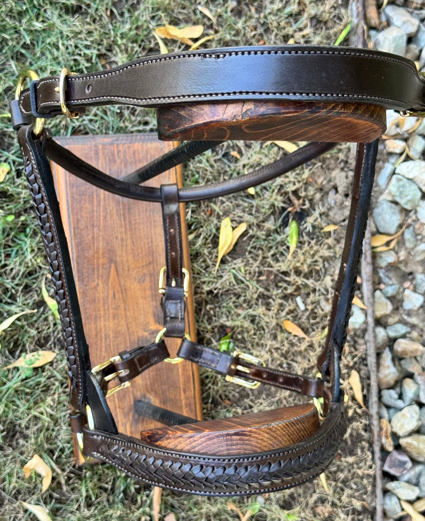 Braided Havana Horse Size English Show Halter (Brass)