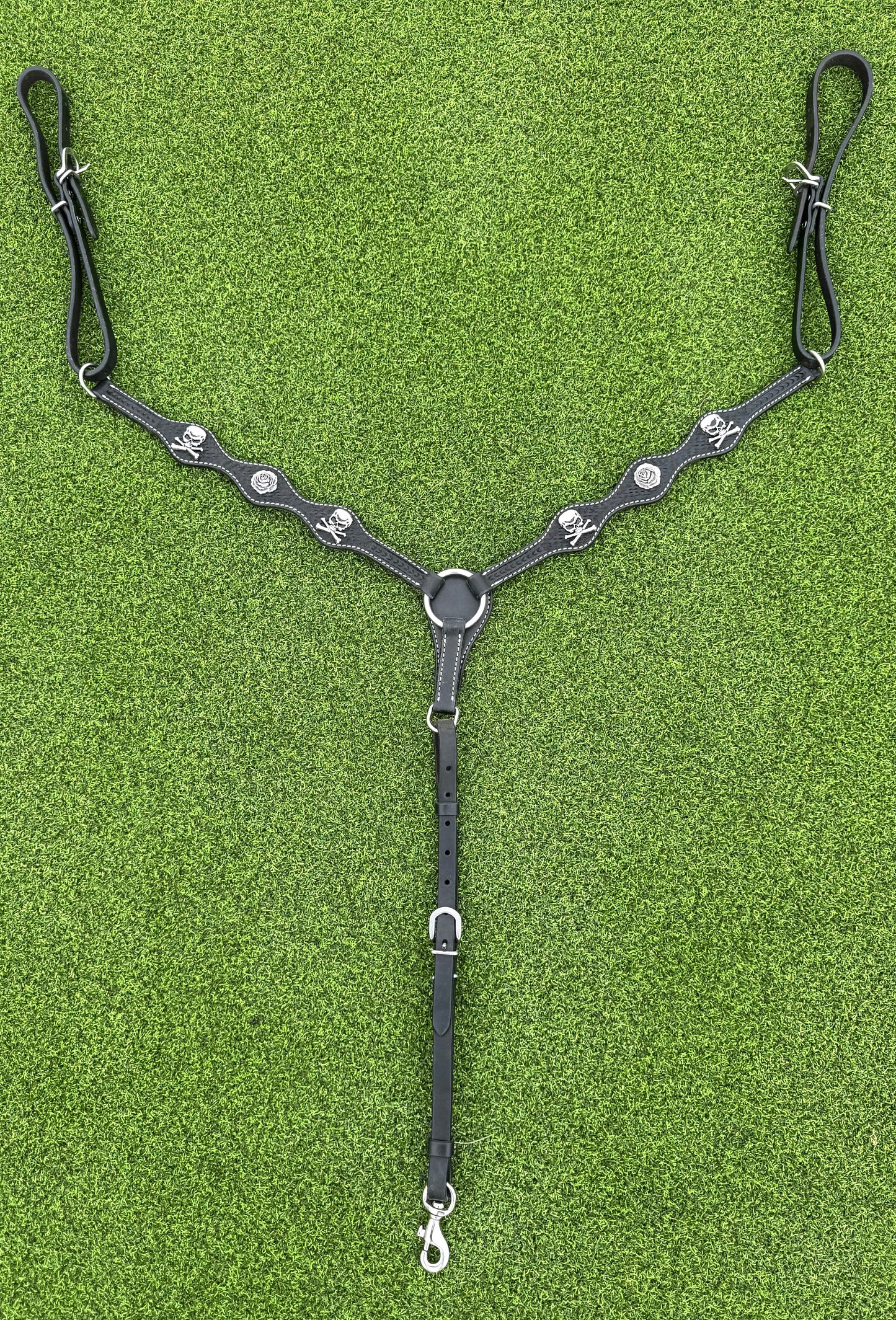 Black Scalloped Basketweave Breastcollar with Skull and Flower Conchos