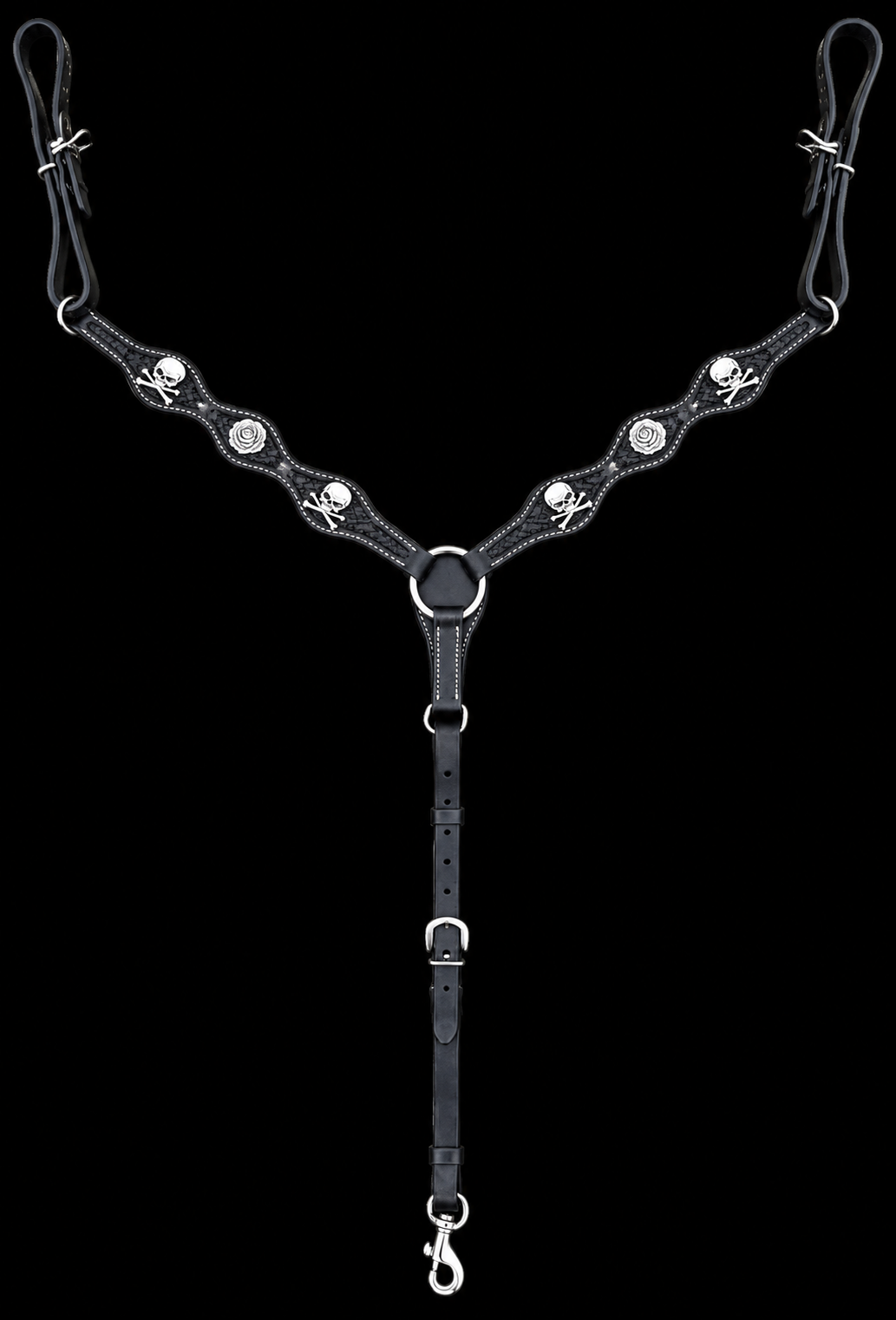 Black Scalloped Basketweave Breastcollar with Skull and Flower Conchos