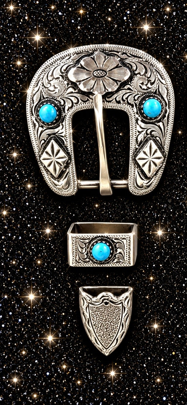 Antique Sterling Silver Overlay and Turquoise Buckle, 3/4”