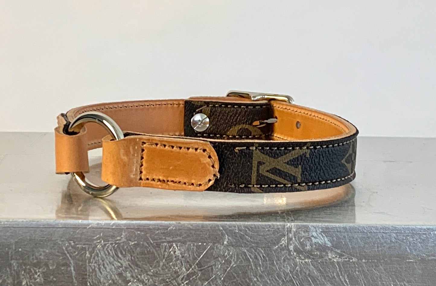 Fairytail Leather Co Brown and Tan Designer Dog Collar, 15.5”-18”