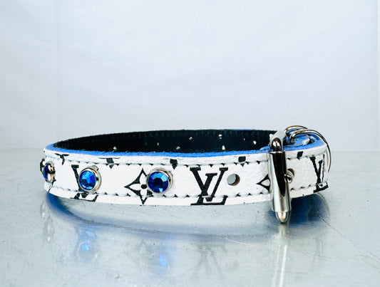 Fairytail Leather Co Black, White & Blue Designer Dog Collar, 13”-15.5”