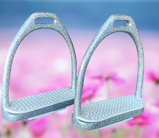 Hydro Dipped 4 3/4” English Stirrup Irons Silver Glitter