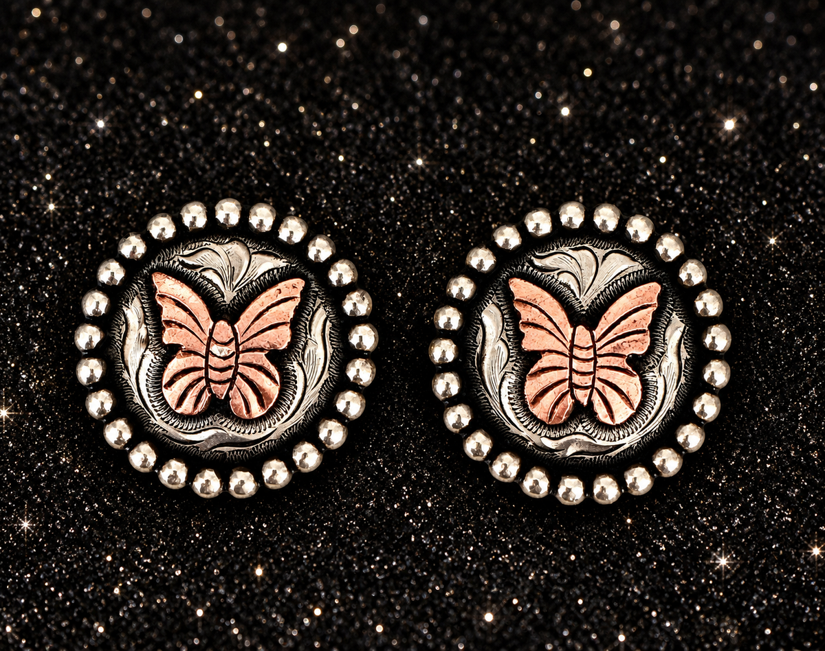 Antique Silver Overlay Butterfly Conchos, Set of Two, 1.25”