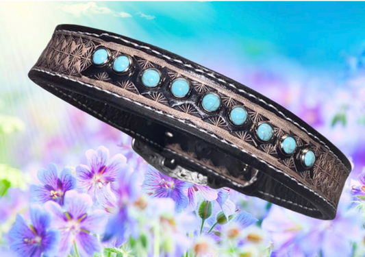Fairytail Leather Co Black Dog Collar with Turquoise Stones, 16”-19”