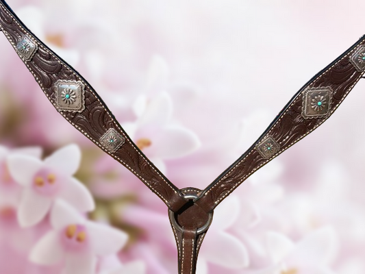 Chocolate Tooled Breastcollar with Silver and Turqoise Conchos