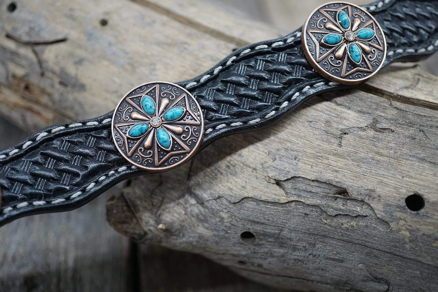 Rodeo Drive Conchos Black Leather Dog Collar - 16"