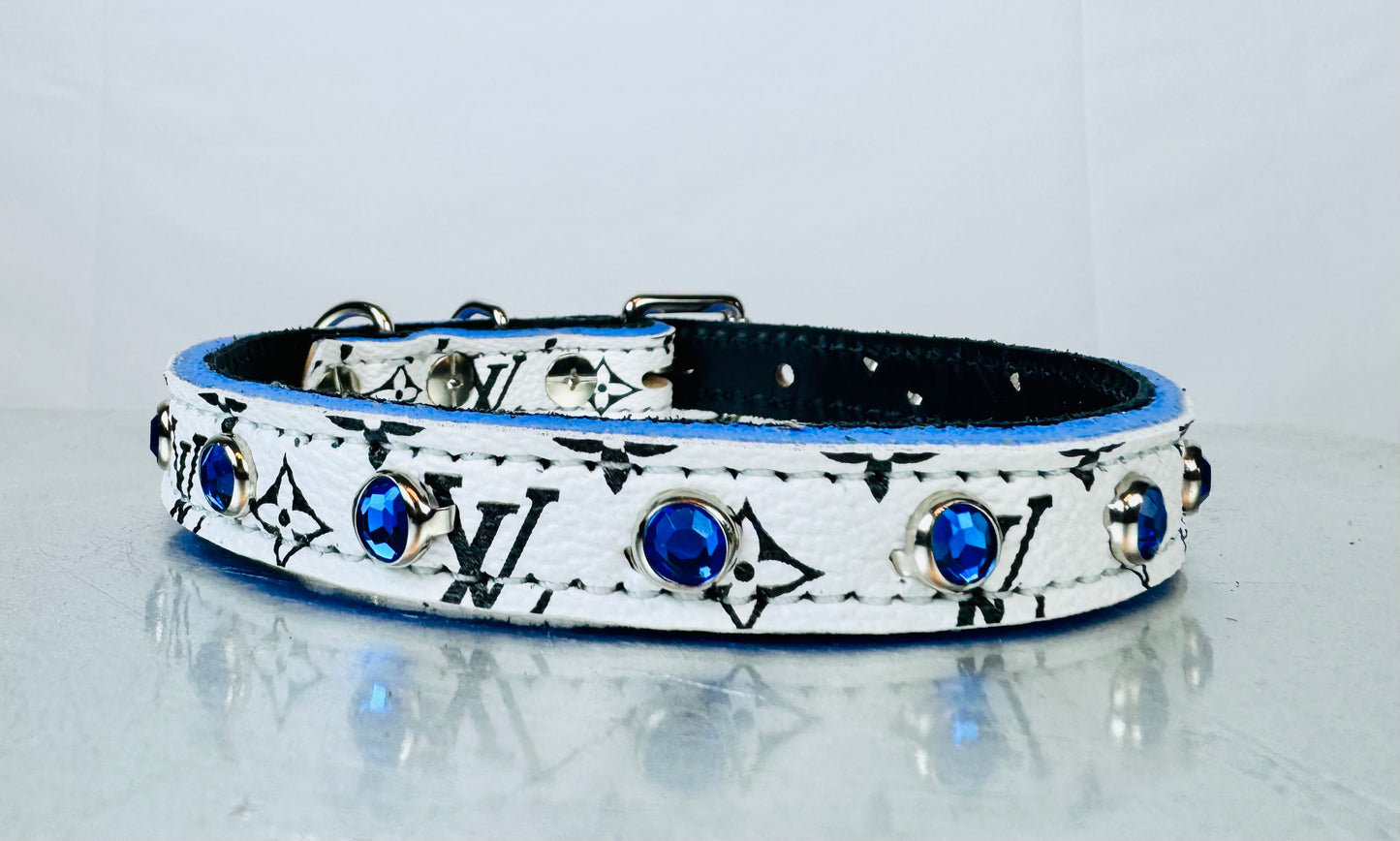 Fairytail Leather Co Black, White & Blue Designer Dog Collar