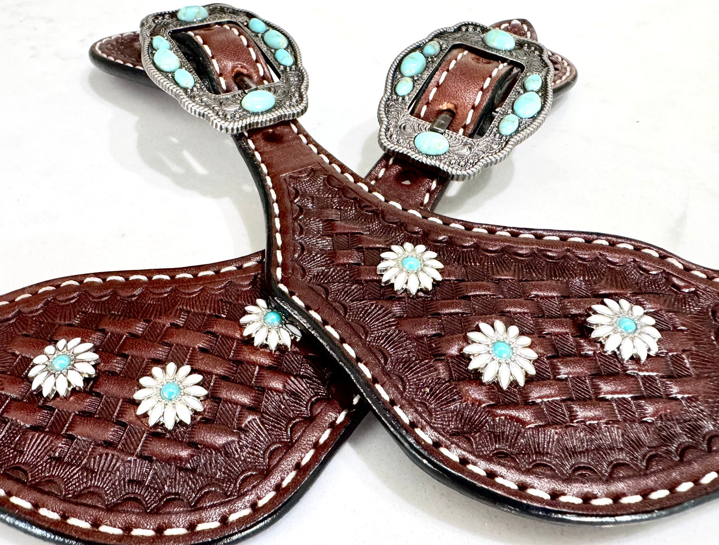 Ladies Brown Daisy Basketweave Western Spur Straps