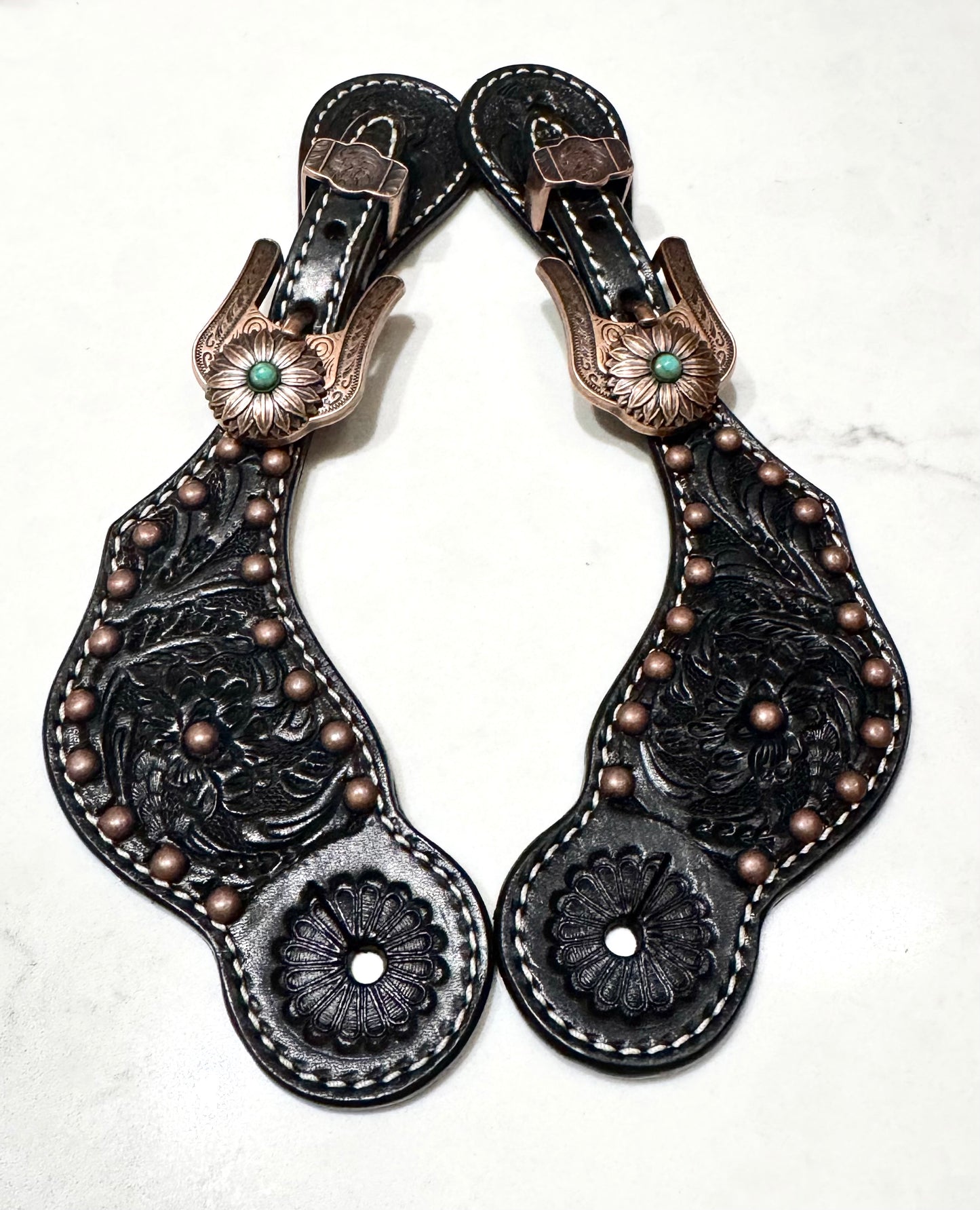 Ladies Black Western Spur Straps, Antique Copper