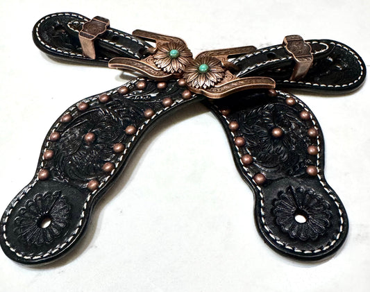 Ladies Black Western Spur Straps, Antique Copper