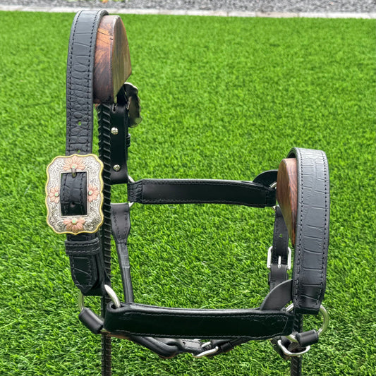 Black Horse Size Crocodile Embossed Halter