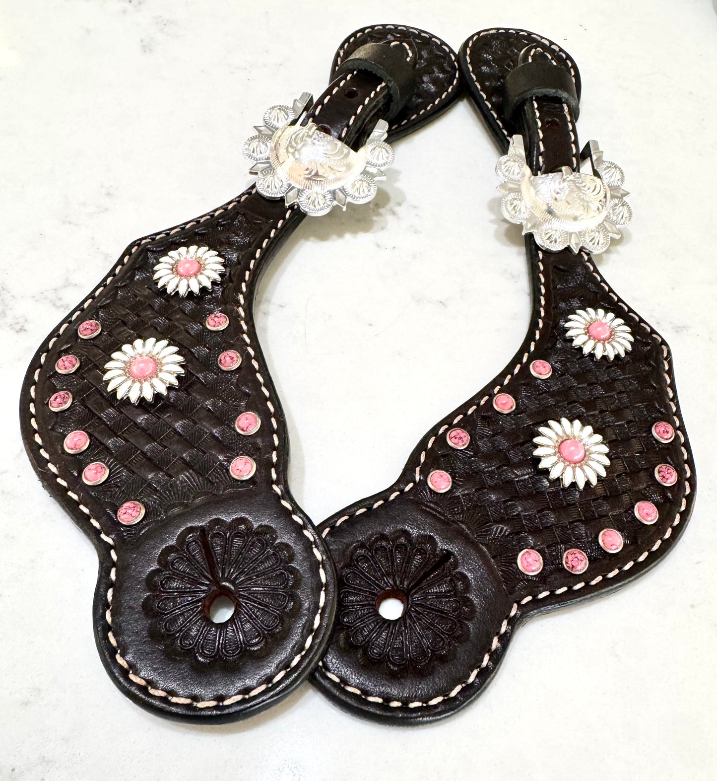 Ladies Dark Chocolate Daisy Basketweave Western Spur Straps