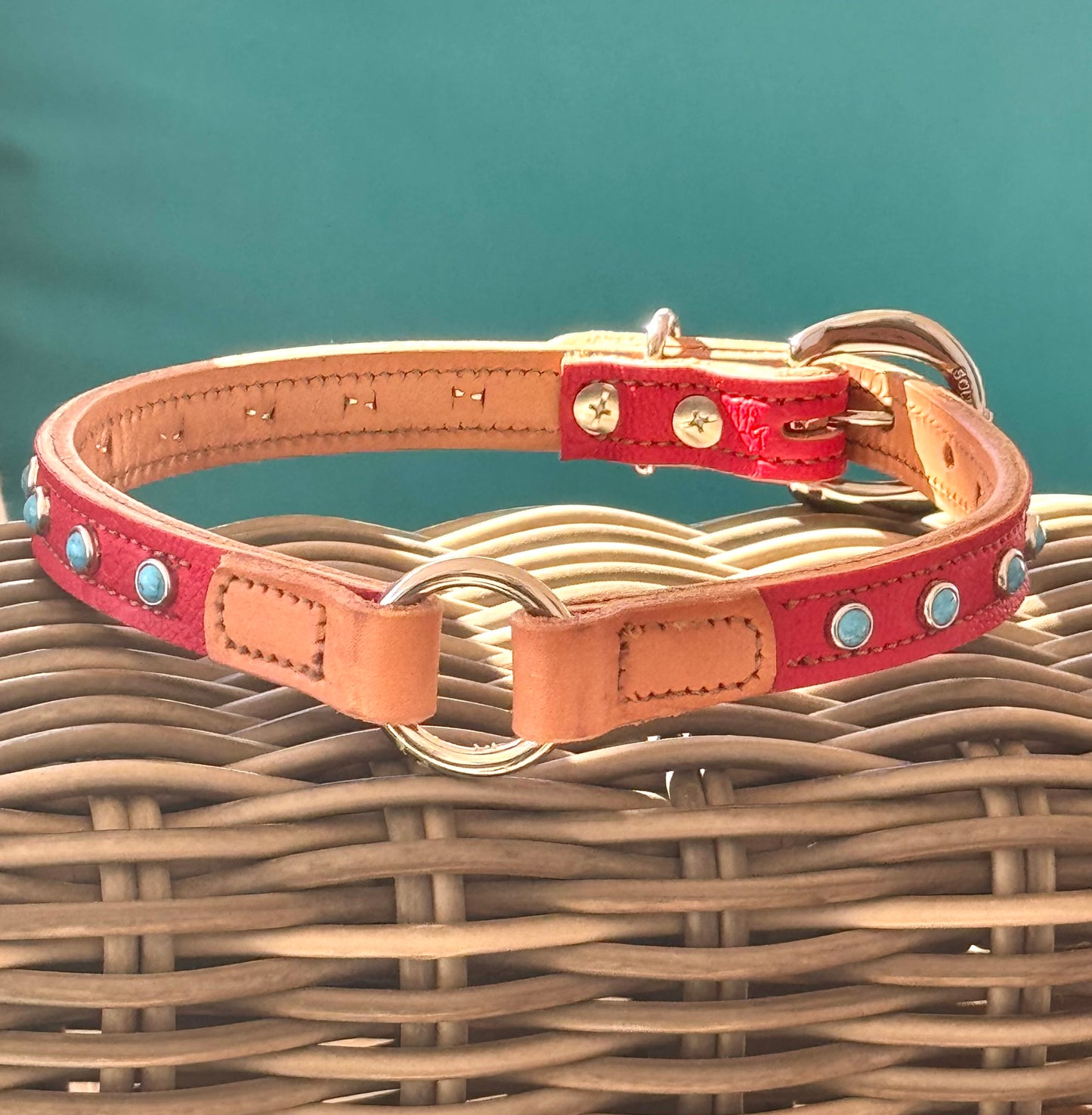 Fairytail Leather Co Red and Tan Designer Dog Collar, 18”-20”