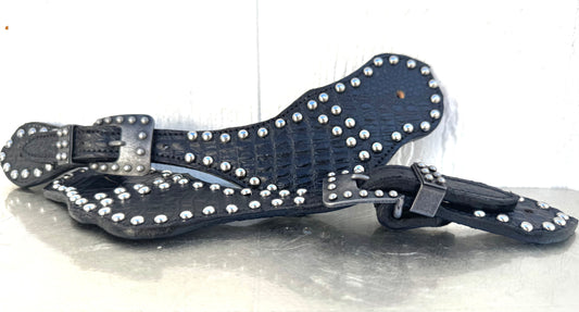 Black Crocodile Embossed Leather Western Spur Straps