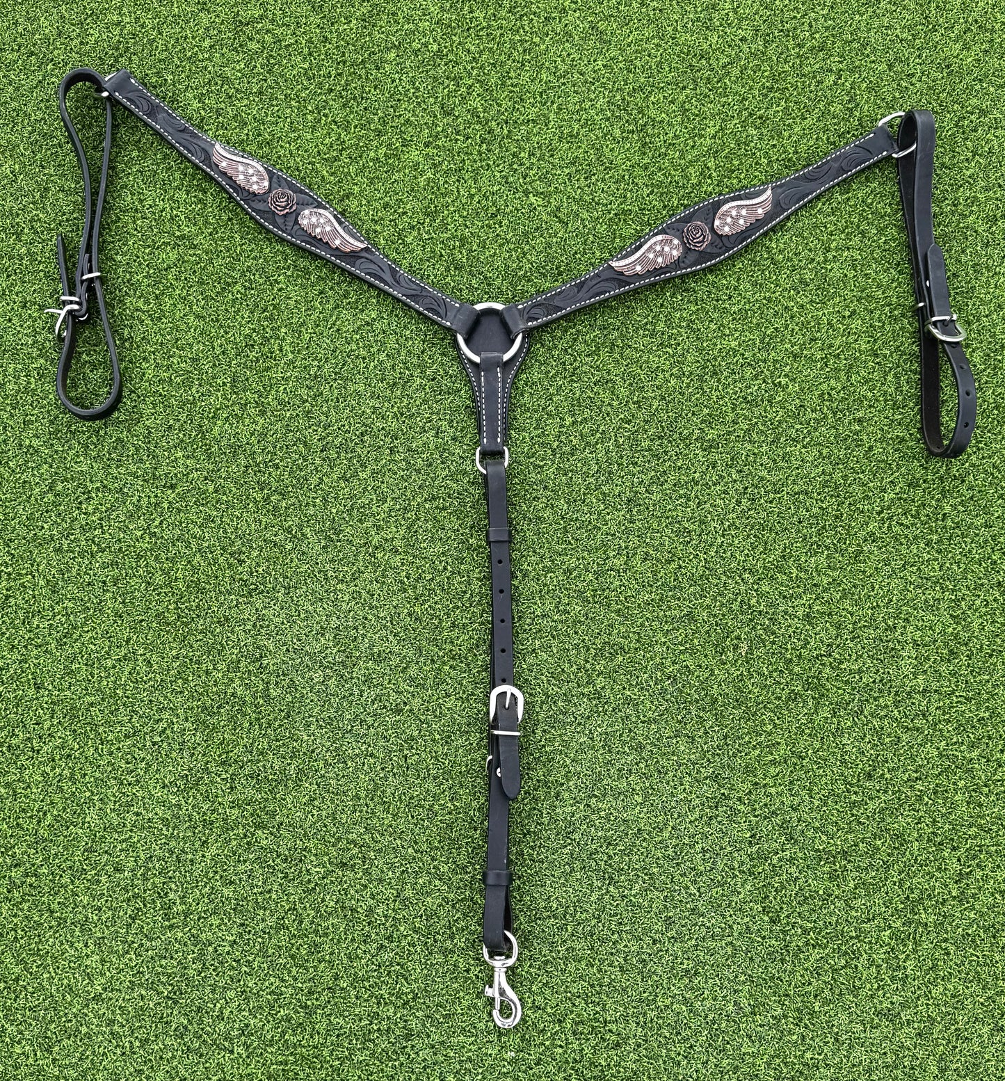 Black Floral Tooled Breastcollar with Bronze Angel Wings and Flower Conchos