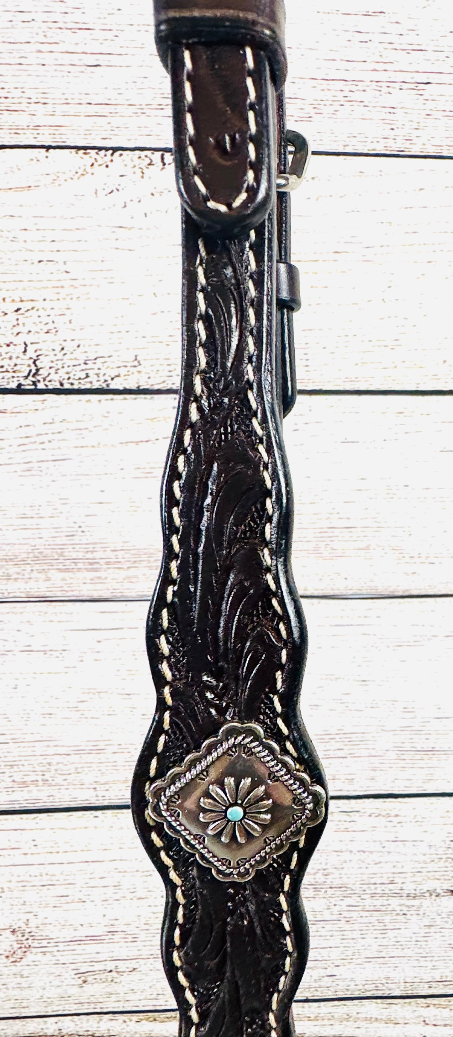 Chocolate Tooled Headstall with Silver & Turquoise Conchos