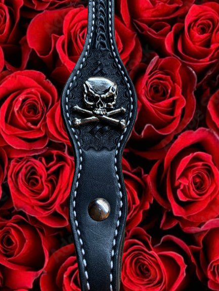 Black Headstall with Skull and Flowers