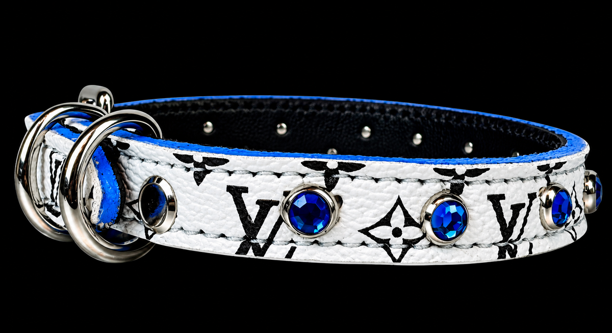 Fairytail Leather Co Black, White & Blue Designer Dog Collar, 13”-15.5”