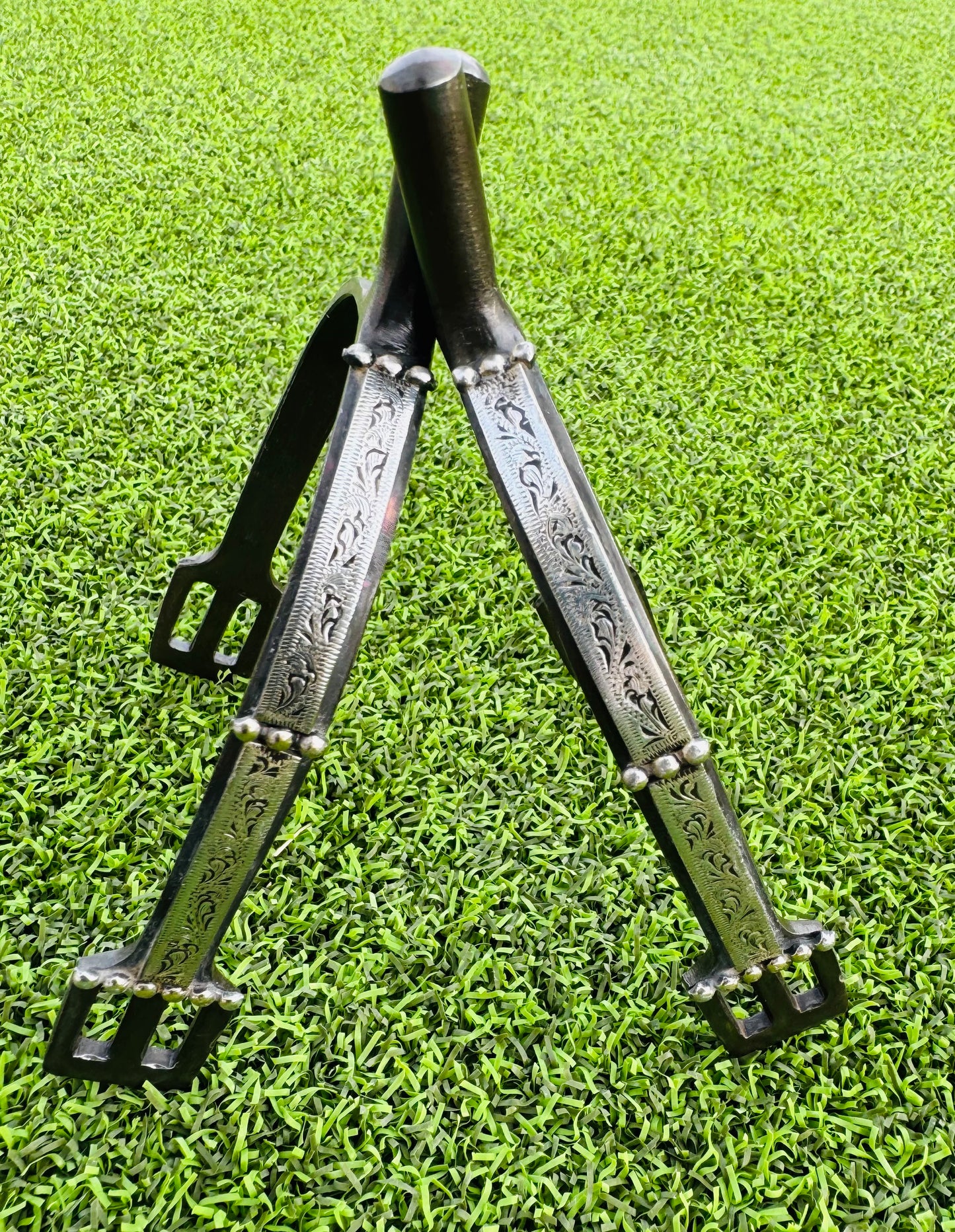 Ladies Blackl 1" Floral Engraved Prince of Wales English Spurs with Dots