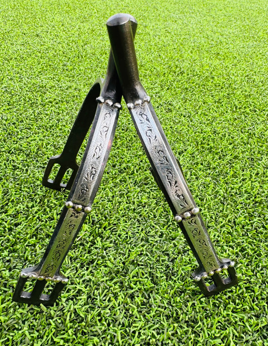 Ladies Blackl 1" Floral Engraved Prince of Wales English Spurs with Dots