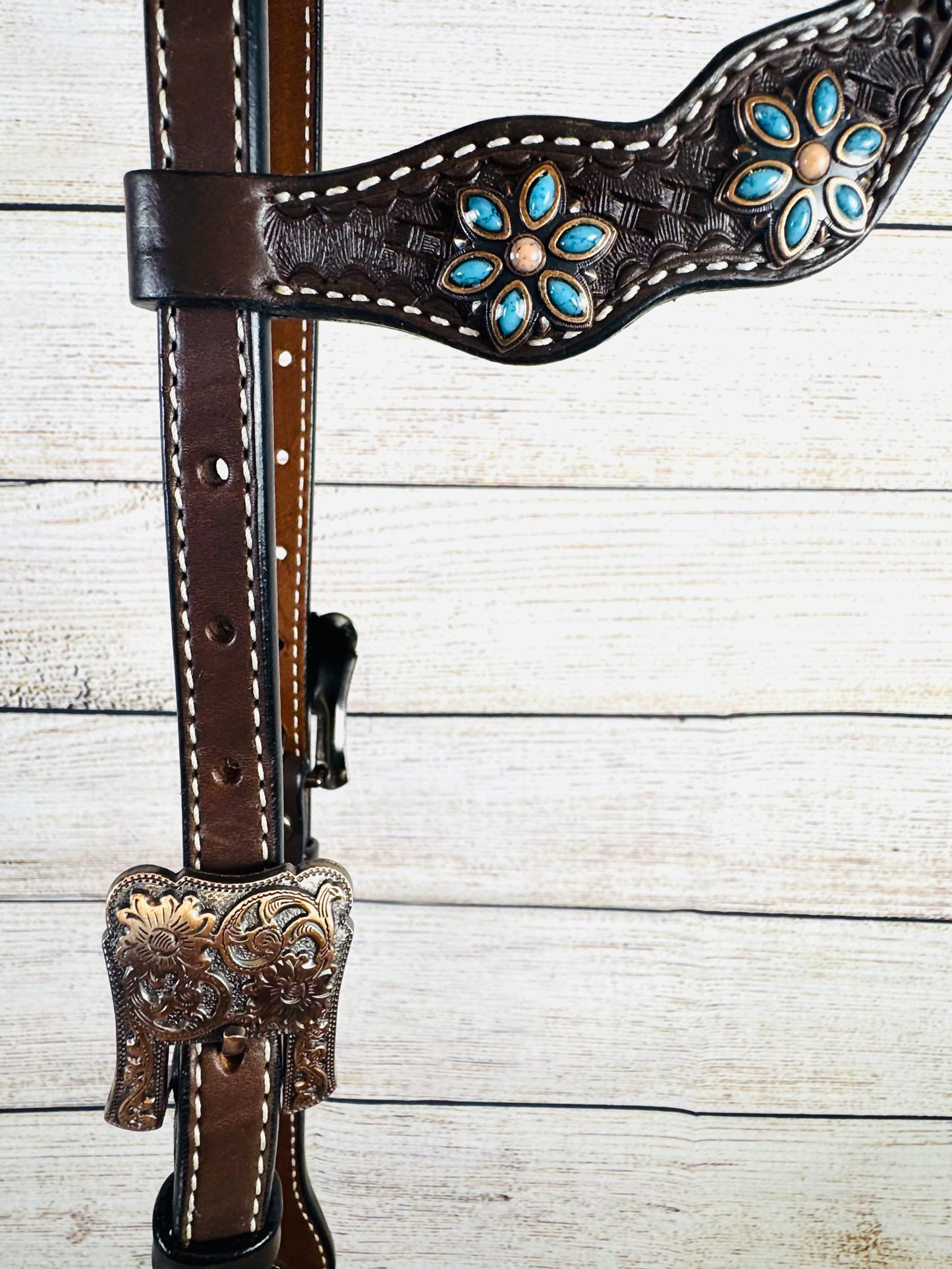 Dark Brown Basketweave Scalloped Headstall with Copper & Turquoise Flowers