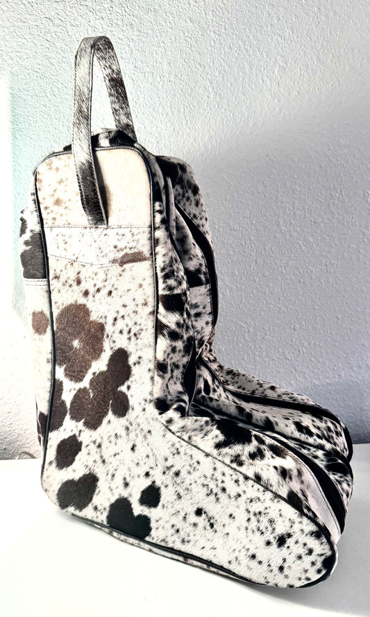 Chocolate and White Cowhide Boot Bag