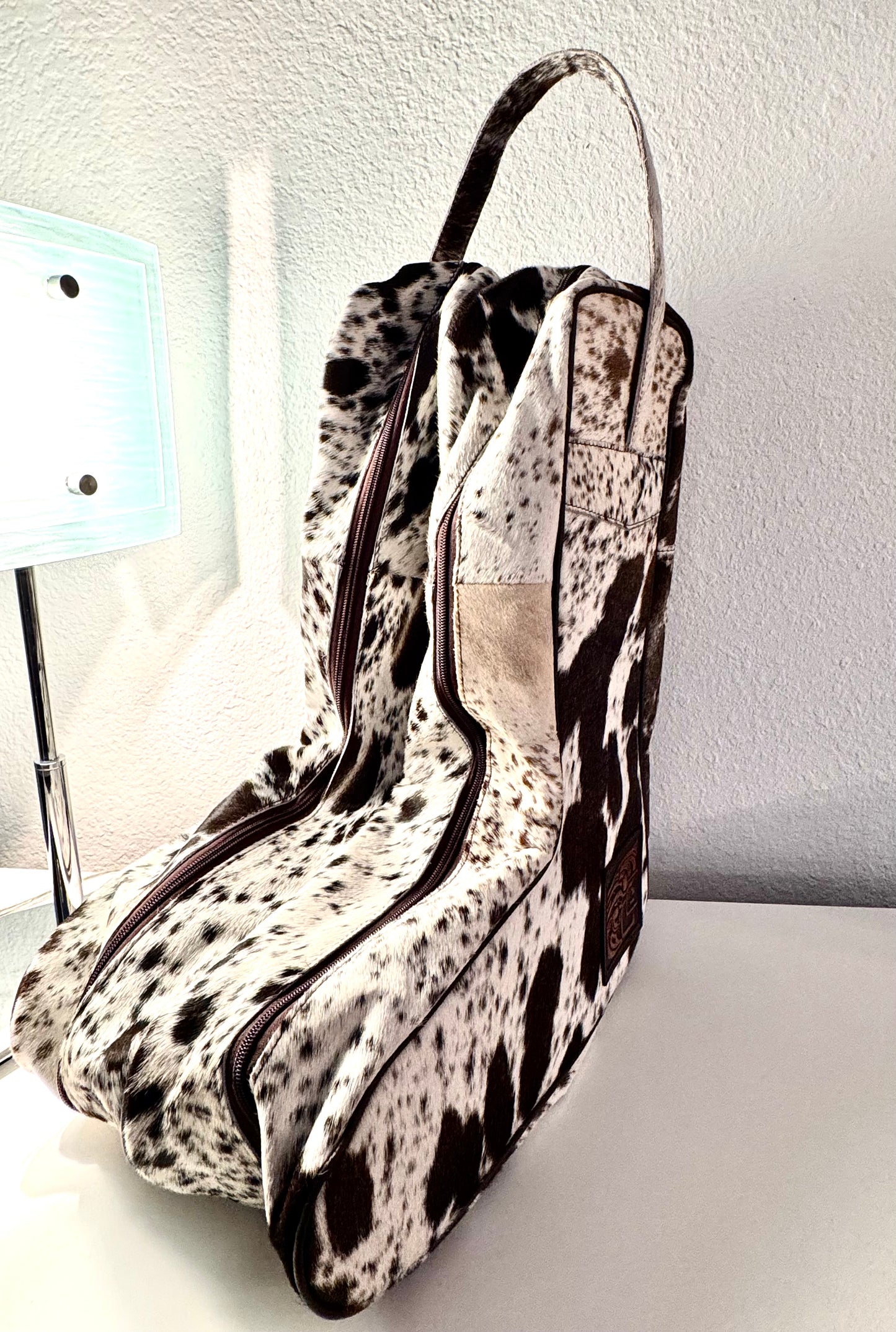 Chocolate and White Cowhide Boot Bag