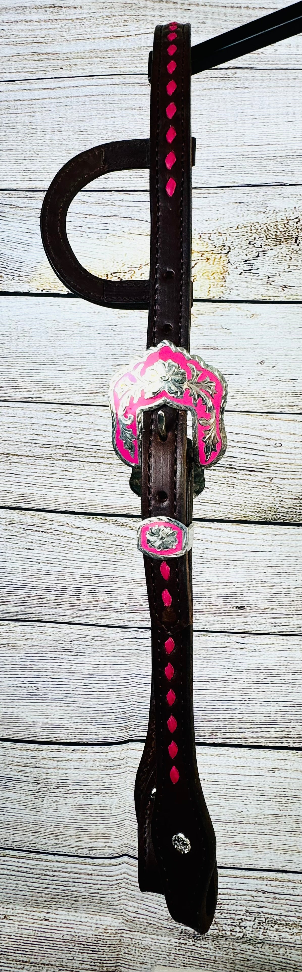 “Pretty in Pink” Chocolate Harness Leather Headstall