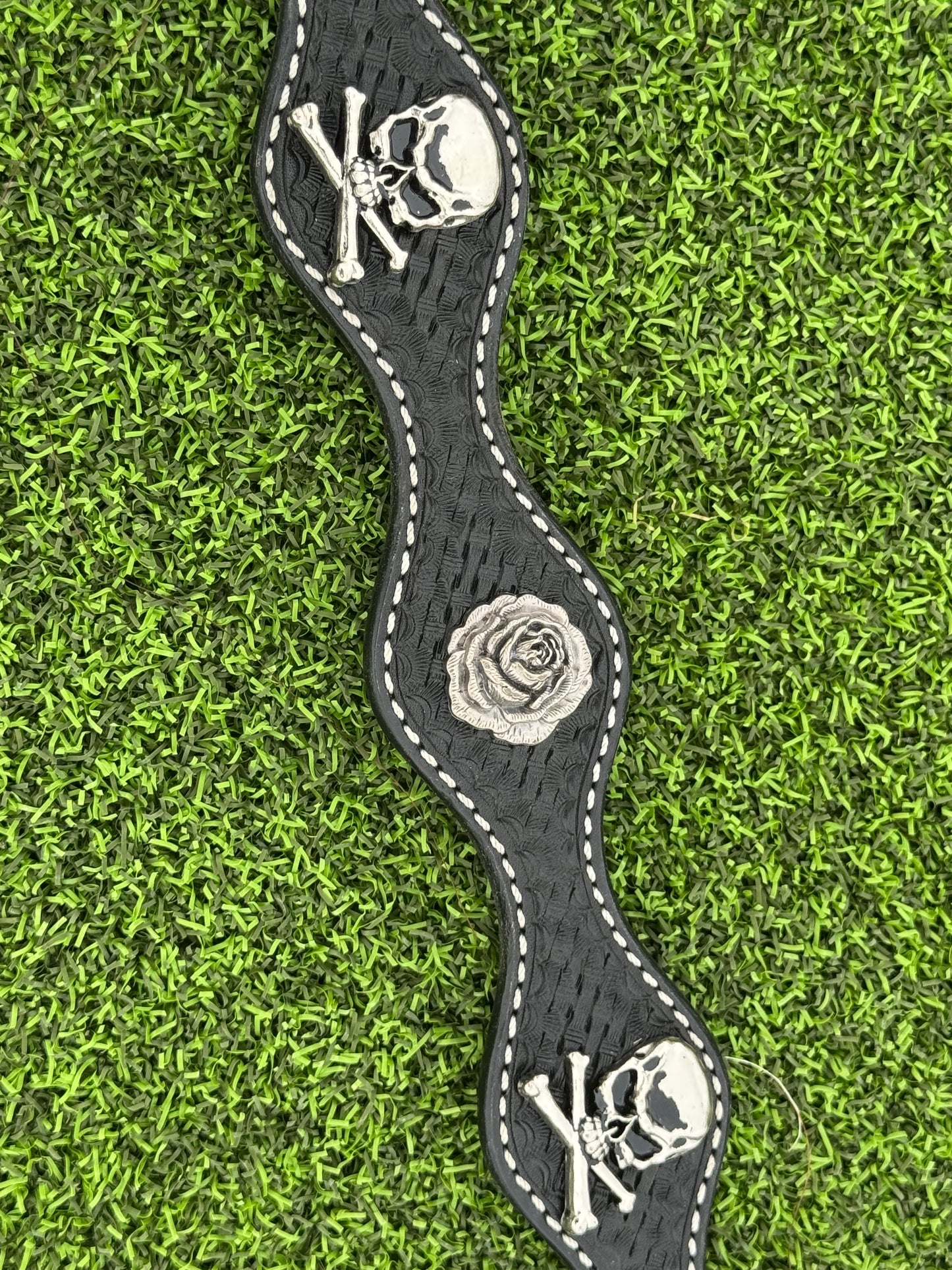 Black Scalloped Basketweave Breastcollar with Skull and Flower Conchos