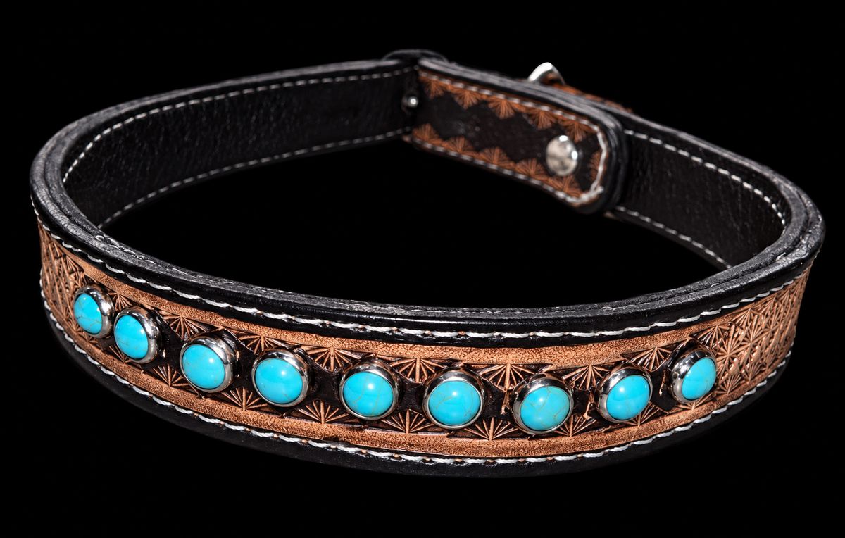 Fairytail Leather Co Black Dog Collar with Turquoise Stones, 16”-19”