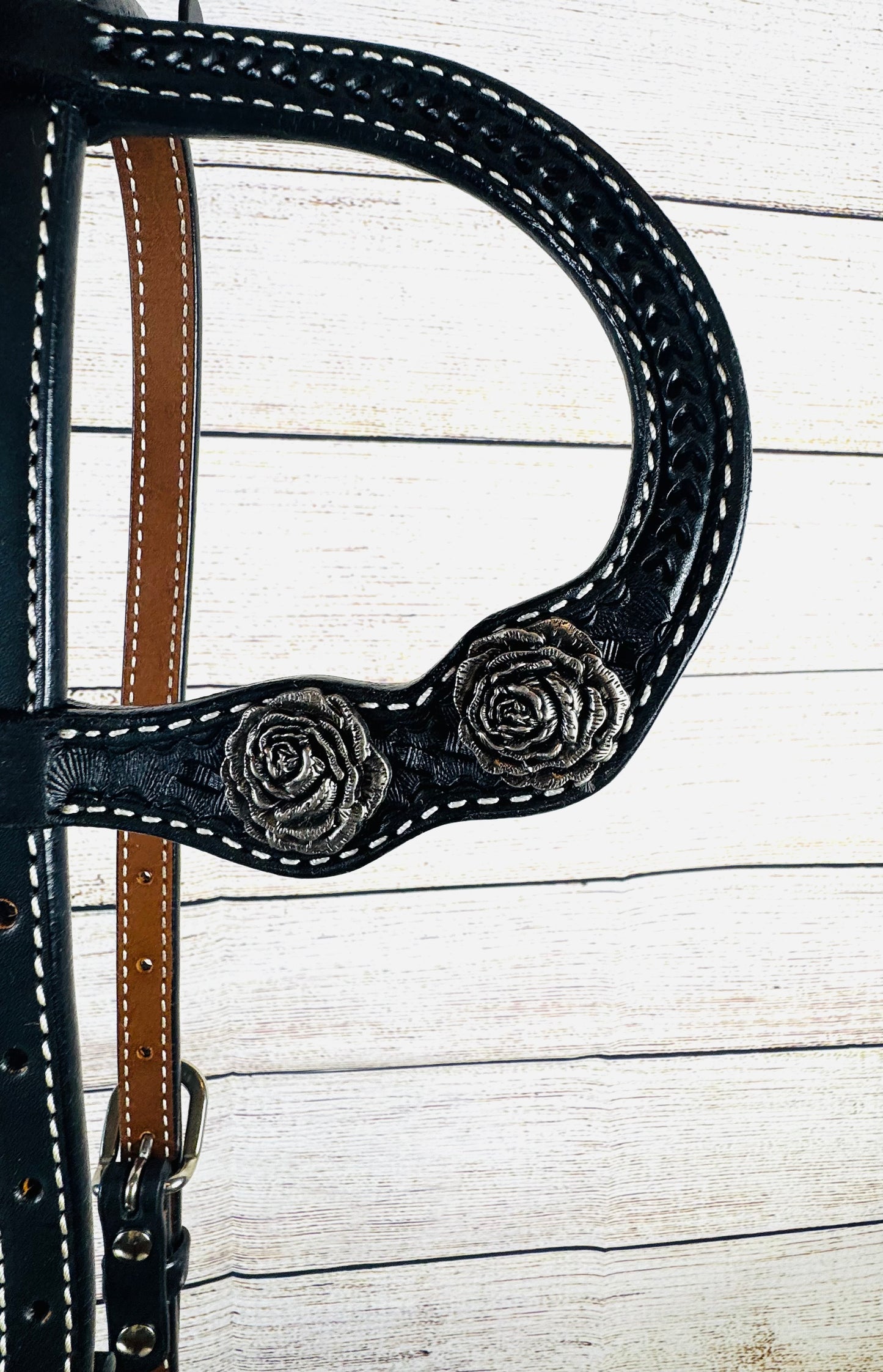 Black Headstall with Skulls and Flowers