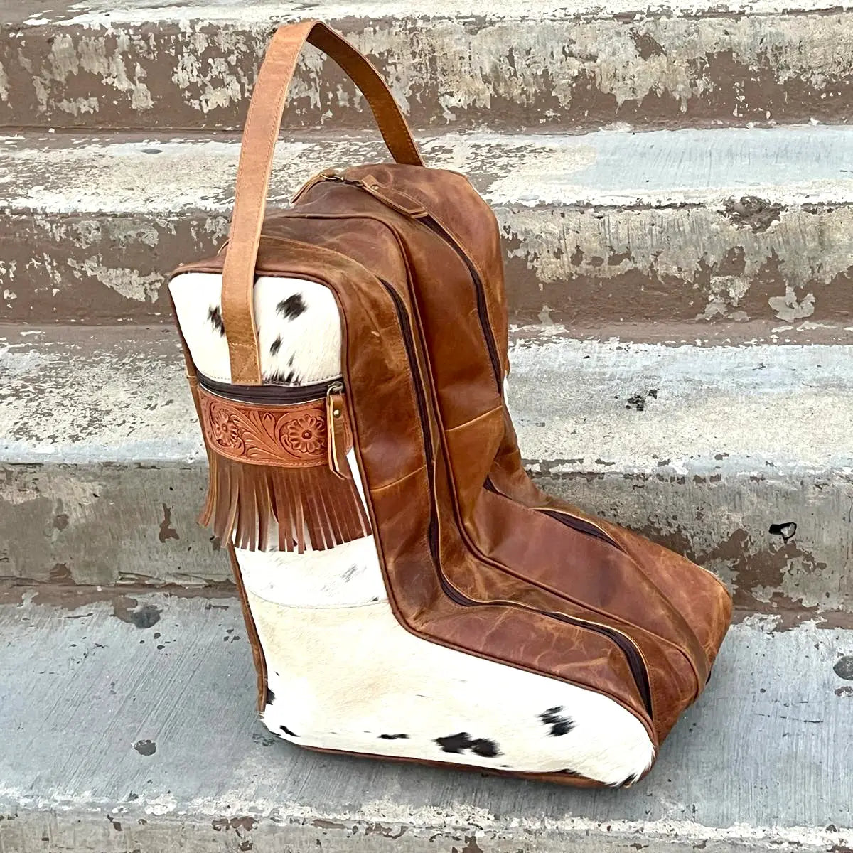 Brown and White Cowhide Boot Bag