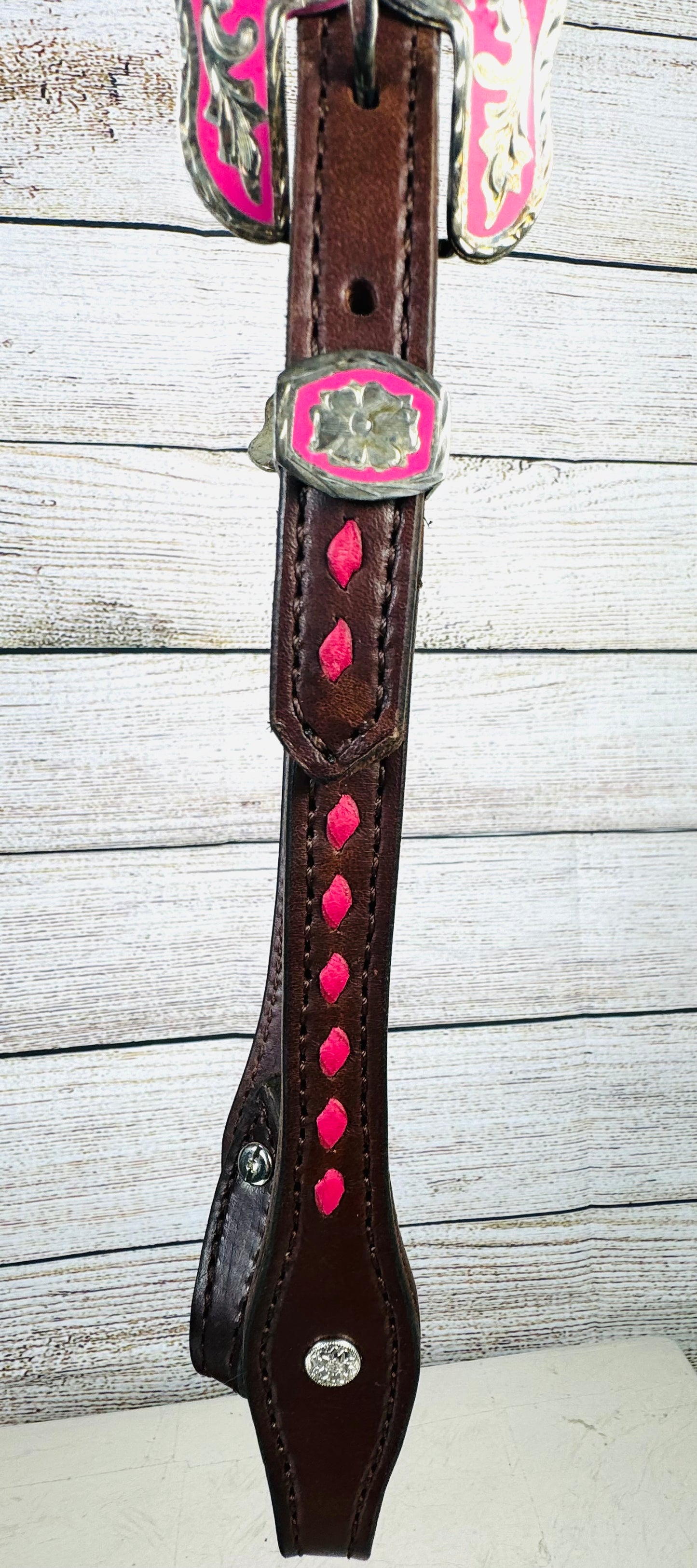 “Pretty in Pink” Chocolate Harness Leather Headstall