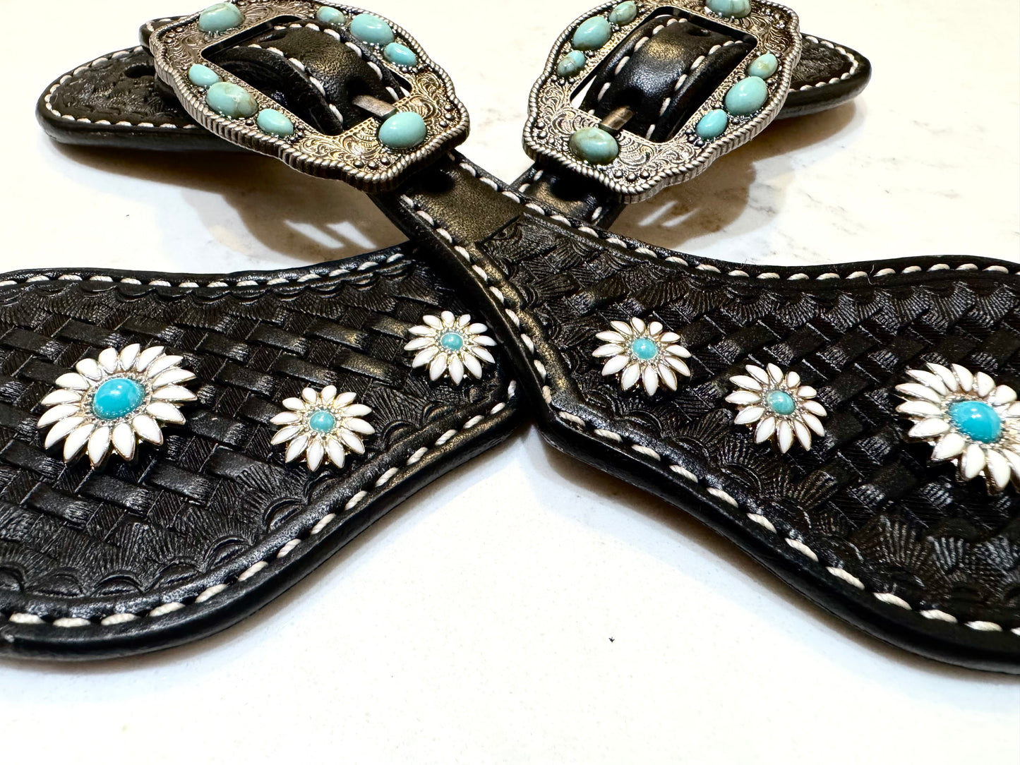 Ladies Black Daisy Basketweave Western Spur Straps