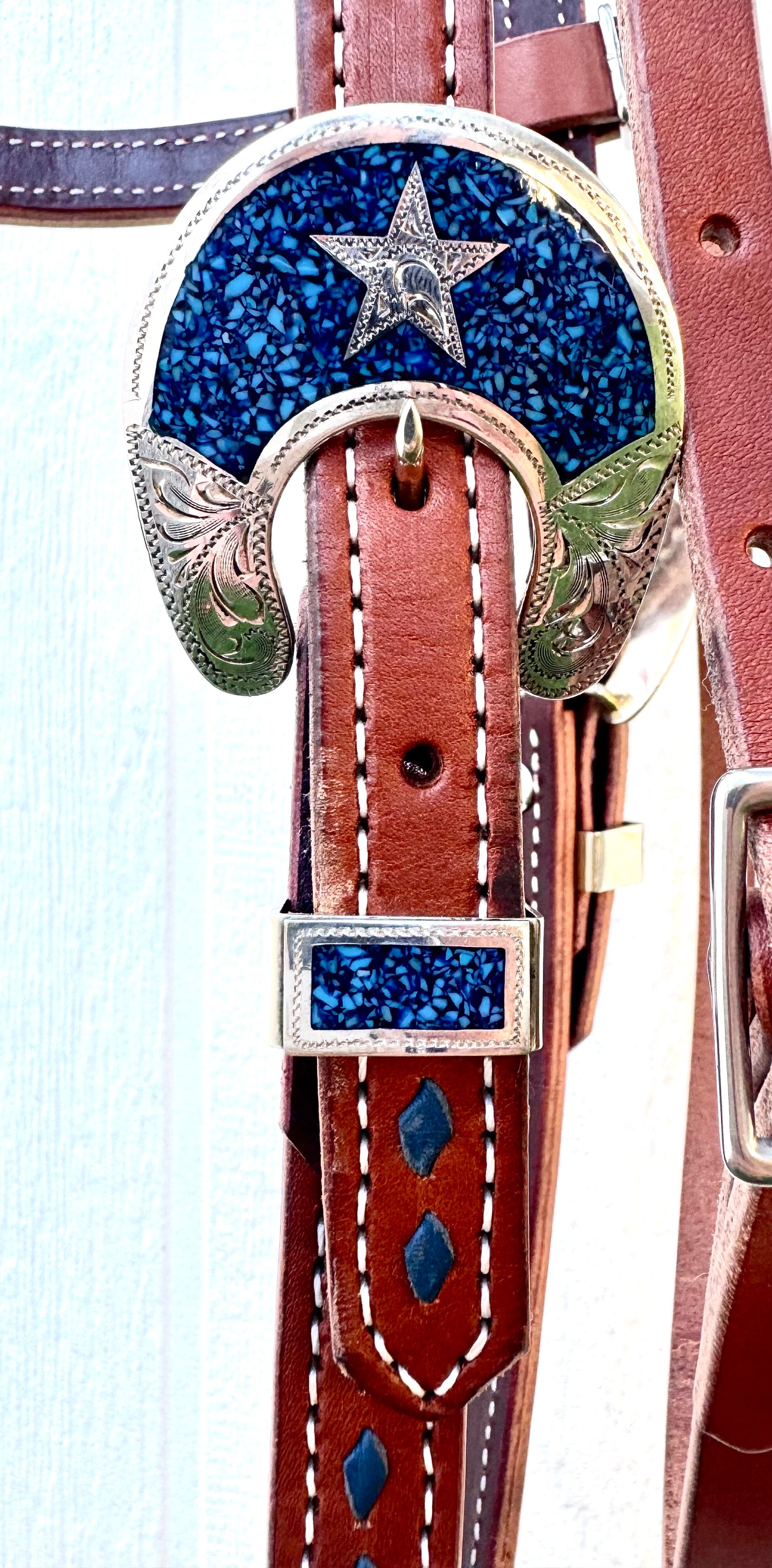 Blue Buckstitch Harness Leather Browband Headstall