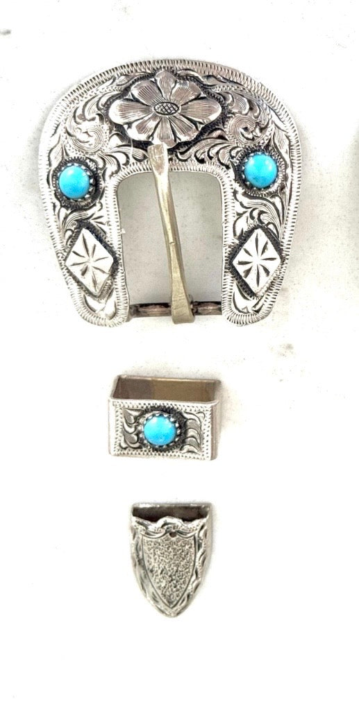 Antique Sterling Silver Overlay and Turquoise Buckle, 3/4”
