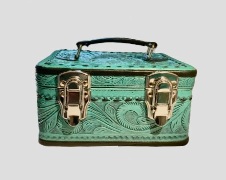 Turquoise Tooled Leather Jewelry Box with Buckstitch