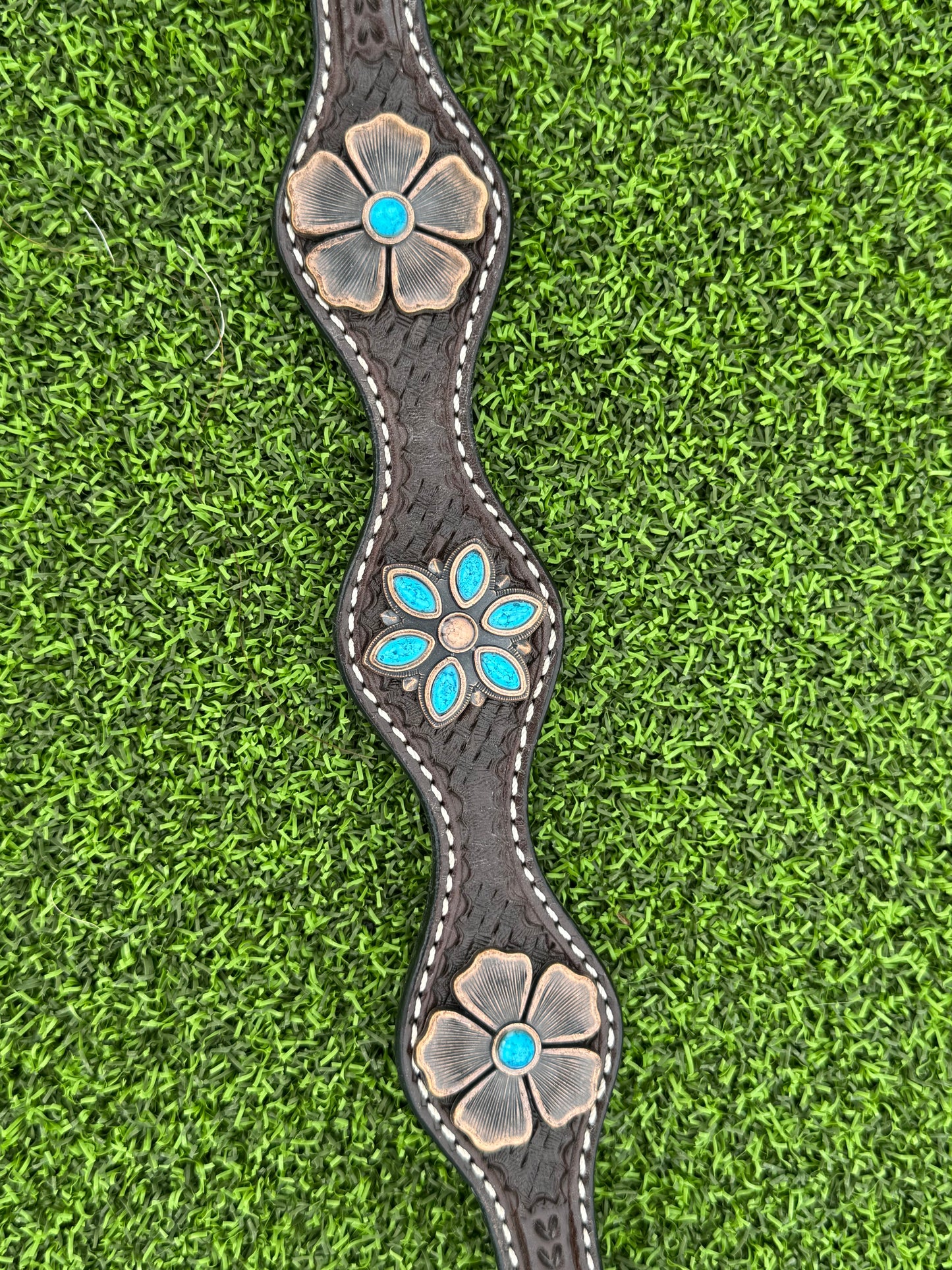 Dark Oil Scalloped Breastcollar with Copper & Turquoise Flowers