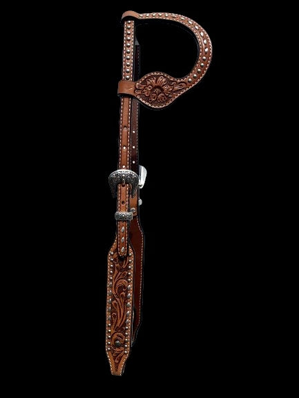 Medium Oil Floral Tooled Silver Buckstitching & Dots One Ear Headstall
