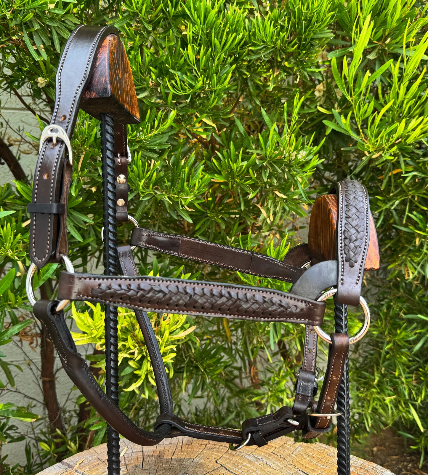 Braided Havana Horse Size English Show Halter (Silver)