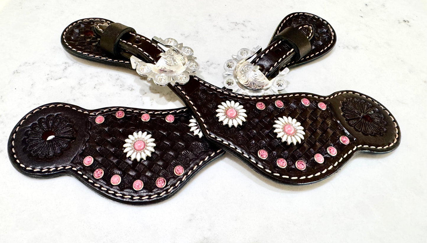 Ladies Dark Chocolate Daisy Basketweave Western Spur Straps