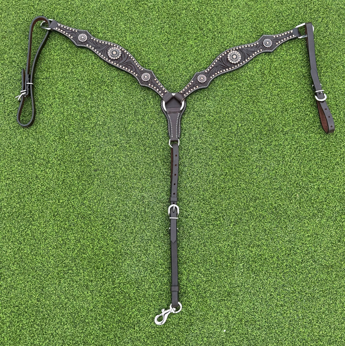 Dark Oil Tooled Breastcollar with Copper Dots and Copper Flower Conchos