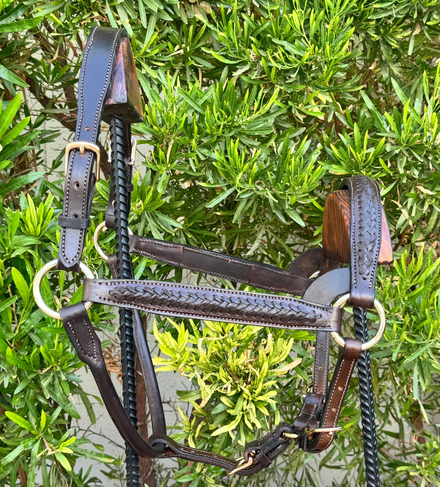 Braided Havana Horse Size English Show Halter (Brass)