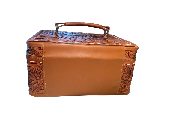 Brown Tooled Leather Jewelry Box with Buckstitch