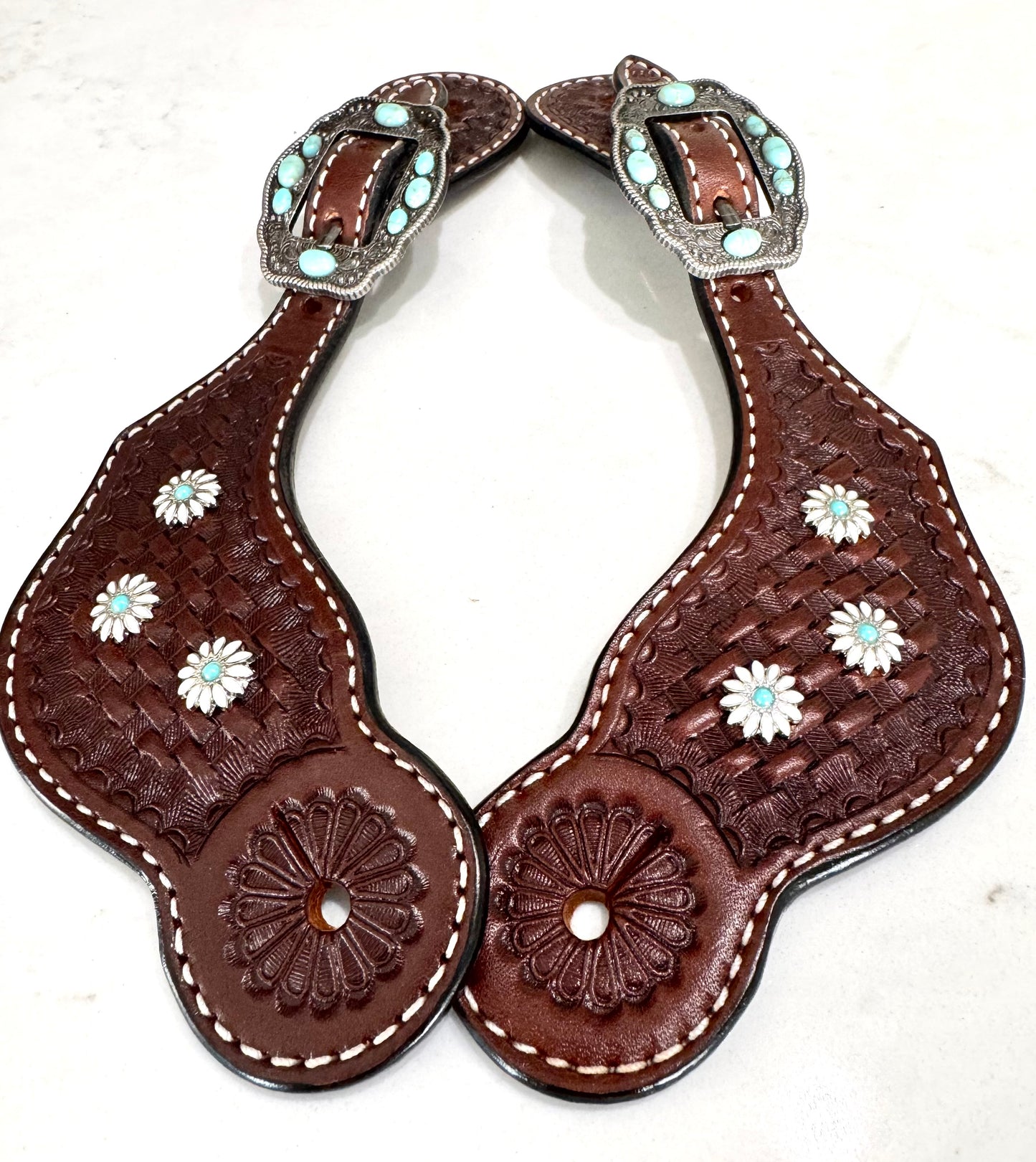 Ladies Brown Daisy Basketweave Western Spur Straps