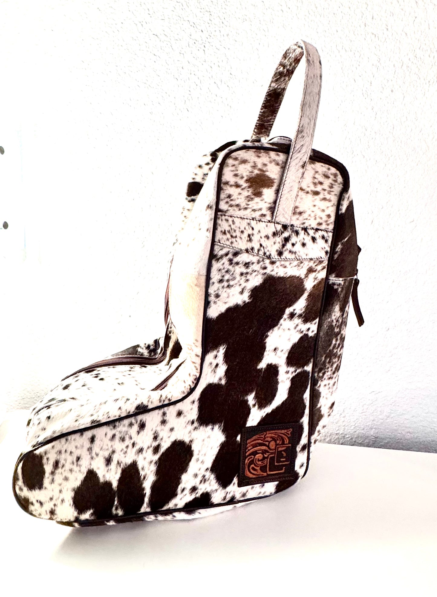 Chocolate and White Cowhide Boot Bag