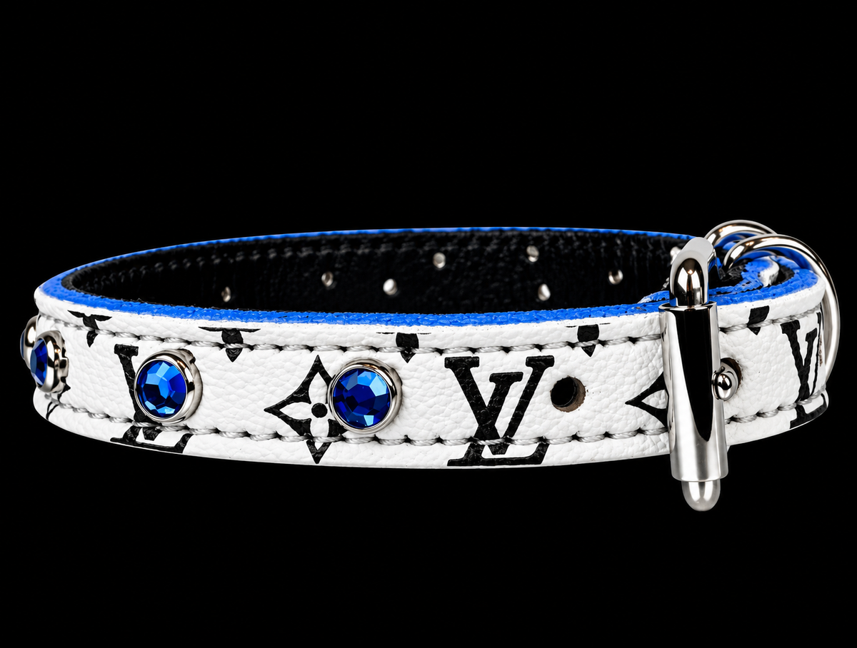 Fairytail Leather Co Black, White & Blue Designer Dog Collar, 13”-15.5”