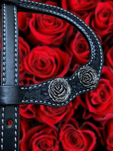 Black Headstall with Skull and Flowers