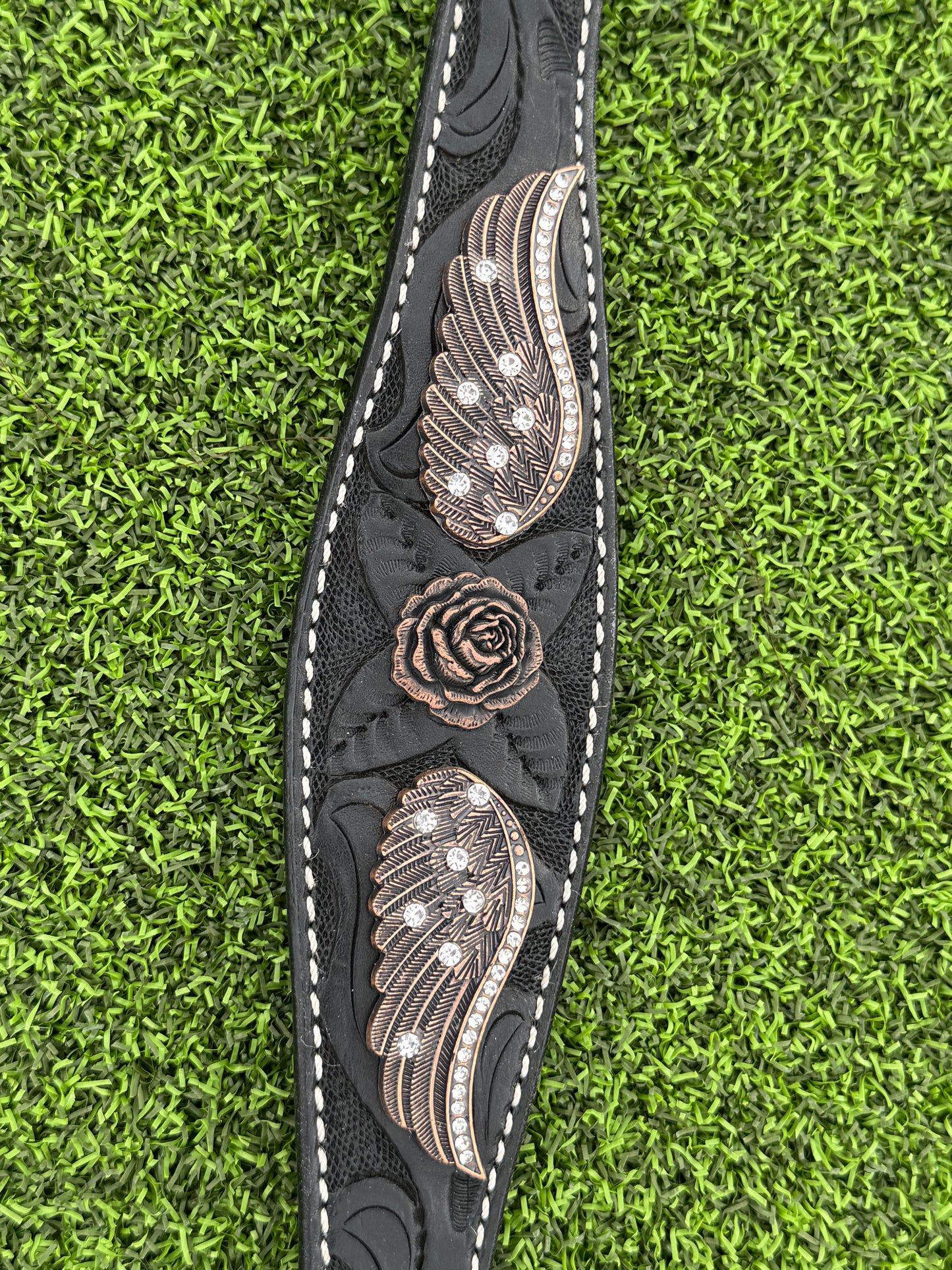 Black Floral Tooled Breastcollar with Bronze Angel Wings and Flower Conchos